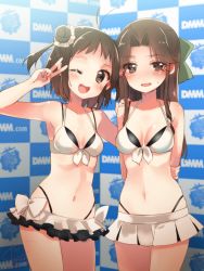 Rule 34 | 10s, 2girls, :d, ;d, arm grab, arm held back, arms behind back, bikini, blush, bow, breasts, brown eyes, brown hair, collarbone, cowboy shot, dmm, double bun, hair bow, halterneck, hand on another&#039;s shoulder, jintsuu (kancolle), kantai collection, koruri, long hair, medium breasts, midriff, multiple girls, naka (kancolle), navel, one eye closed, open mouth, short hair, signature, skirt, small breasts, smile, sweatdrop, swimsuit, v