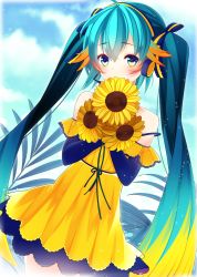 Rule 34 | 1girl, alternate hair color, aqua hair, blonde hair, dress, elbow gloves, flower, gloves, green eyes, hatsune miku, headset, highres, long hair, looking at viewer, mofuruo, multicolored hair, solo, sunflower, twintails, two-tone hair, very long hair, vocaloid, yellow dress