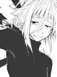 1other black_eyes commentary crona_(soul_eater) empty_eyes english_commentary greyscale grin hair_between_eyes highres kaligraphy monochrome official_art_inset other_focus reference_inset short_hair sketch smile solo soul_eater turtleneck upper_body