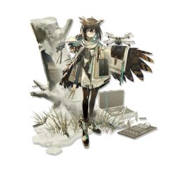 Rule 34 | 1girl, arknights, bird, briefcase, brown hair, drone, feathered wings, feathers, full body, glasses, grass, highres, looking at viewer, norizc, official art, orange eyes, owl, pantyhose, round eyewear, scarf, silence (arknights), single wing, snow, solo, standing, tree stump, winged arms, wings, zipper