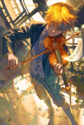 Rule 34 | 1boy, blonde hair, bow (music), closed mouth, collared shirt, commentary, cross-laced footwear, flying paper, foot out of frame, green eyes, green jacket, green pants, green socks, hair between eyes, holding, holding bow (music), holding instrument, holding violin, instrument, jacket, lapels, layered sleeves, light particles, long sleeves, looking away, male focus, music, notched lapels, o3 kurisutarogubo, original, pants, paper, playing instrument, shirt, shoes, short hair, smile, socks, solo, standing, symbol-only commentary, tile floor, tiles, violin, waistcoat