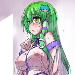 Rule 34 | 1girl, bare shoulders, blush, breasts, detached sleeves, dripping, frog hair ornament, green eyes, green hair, hair ornament, hair tubes, hanya (hanya yashiki), japanese clothes, kochiya sanae, large breasts, long hair, nipples, no bra, open mouth, rain, see-through, sketch, snake hair ornament, solo, touhou, upper body, wet, wet clothes