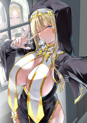 Rule 34 | 2girls, absurdres, against glass, arms up, backlighting, black dress, black legwear, blonde hair, blue eyes, blunt bangs, blush, breast curtains, breast press, breastless clothes, breasts, breasts on glass, breasts out, cleavage, condom, condom in mouth, condom wrapper, cross, dress, foreshortening, from above, frown, green eyes, habit, hand on glass, headdress, highres, huge breasts, large breasts, long hair, long sleeves, looking at another, looking at viewer, mitsudoue, mouth hold, multiple girls, no bra, no panties, nun, one eye closed, original, parted bangs, pelvic curtain, revealing clothes, selfie, side slit, sideboob, sideless outfit, sidelocks, thighhighs, v, v-shaped eyebrows, window