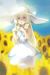 Rule 34 | 1girl, albreo, blonde hair, blush, braid, creatures (company), dress, fingers together, flower, game freak, green eyes, hat, highres, index fingers together, lillie (pokemon), long hair, nintendo, open mouth, pokemon, pokemon sm, sleeveless, sleeveless dress, solo, sun hat, sunflower, twin braids, white dress, white hat
