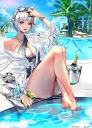 Rule 34 | 1girl, absurdres, ahoge, alcohol, arm at side, ass, bad id, bad pixiv id, bare legs, bare shoulders, barefoot, beach towel, blue nails, blunt bangs, bottle, bracelet, breasts, building, casual one-piece swimsuit, champagne, champagne bottle, cleavage, closed mouth, cloud, cloudy sky, cocktail, cocktail glass, crossed legs, cup, day, drinking glass, eyelashes, eyewear on head, feet, fingernails, food, fruit, glass, glasses, glint, hand on own head, hand to head, highres, hotel, ice bucket, jewelry, knees up, large breasts, legs, legs together, lemon, lemon slice, long fingernails, long sleeves, looking at viewer, milin (orange maru), nail polish, necklace, nose, off shoulder, one-piece swimsuit, original, outdoors, palm tree, plate, pointy ears, pool, poolside, qurare magic library, red eyes, ring, sandals, short hair, silver hair, sitting, sky, solo, striped, striped towel, sunglasses, swimsuit, teeth, thick thighs, thighs, toenail polish, toenails, toes, towel, tree, water, water drop, watermelon, wide sleeves