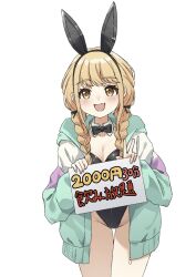 1girl animal_ear_hairband animal_ears black_bow black_bowtie black_leotard blonde_hair blush bow bowtie braid breasts cleavage collarbone cowboy_shot detached_collar eyelashes fake_animal_ears fang fujita_kotone gakuen_idolmaster hairband highres holding holding_sign hood hooded_jacket idolmaster jacket leotard long_hair looking_at_viewer medium_breasts multicolored_clothes multicolored_jacket onejio playboy_bunny rabbit_ear_hairband rabbit_ears sign simple_background skin_fang strapless strapless_leotard translation_request twin_braids w white_background yellow_eyes