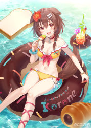 Rule 34 | 1girl, animal ears, bikini, bone hair ornament, bread, brown eyes, brown hair, character name, collar, commentary, dog ears, dog girl, dog tail, doughnut, drink, feet out of frame, flower, food, front-tie bikini top, front-tie top, fukahire (ruinon), hair between eyes, hair flower, hair ornament, highres, holding, holding food, hololive, innertube, inugami korone, inugami korone (1st costume), looking at viewer, navel, off-shoulder bikini, off shoulder, open mouth, red collar, red flower, side-tie bikini bottom, sitting, smile, solo, swim ring, swimsuit, symbol-only commentary, tail, virtual youtuber, water, wristband, yellow bikini