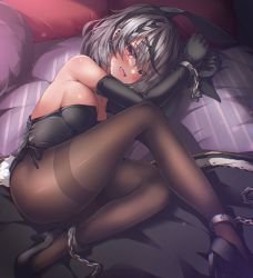 Rule 34 | 1girl, :d, absent, absurdres, animal ears, black hair, black leotard, breasts, brown pantyhose, chain, elbow gloves, fake animal ears, fang, gloves, grey hair, high heels, highres, hololive, large breasts, leotard, lying, multicolored hair, on side, open mouth, pantyhose, playboy bunny, rabbit ears, red eyes, sakamata chloe, smile, solo, streaked hair, virtual youtuber