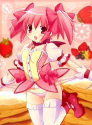 Rule 34 | 10s, 1girl, :d, food, fruit, gloves, highres, kaname madoka, magical girl, mahou shoujo madoka magica, mahou shoujo madoka magica (anime), mikurun (otome no hanikami), open mouth, pancake, panties, pink eyes, pink hair, pink panties, short twintails, smile, solo, strawberry, thighhighs, twintails, underwear, white thighhighs