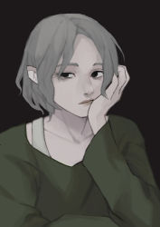Rule 34 | 1boy, bad id, bad pixiv id, bags under eyes, black background, black eyes, collarbone, dungeon meshi, elbow rest, elf, green shirt, grey hair, hand on own cheek, hand on own face, head rest, lips, long sleeves, looking away, male focus, mithrun, notched ear, pointy ears, red lips, shirt, short hair, sideways glance, simple background, solo, strap, sunakienn, uneven eyes, upper body