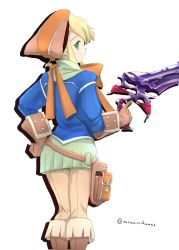 Rule 34 | 1girl, bag, blonde hair, boots, clarissa arwin, closed mouth, coat, gloves, green eyes, gun, hand on own hip, hat, long hair, minami fuzei, simple background, skirt, smile, solo, weapon, white background, wild arms, wild arms xf
