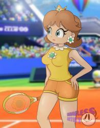Rule 34 | 1girl, absurdres, aircraft, blue eyes, breasts, brown hair, crown, day, earrings, expressionless, flower earrings, hand on own hip, highres, hot air balloon, jewelry, legs, mario (series), mario tennis, mario tennis aces, nintendo, outdoors, princess daisy, racket, shorts, solo, tennis racket, toad (mario), tomboy