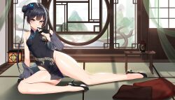 Rule 34 | 1girl, bare legs, black hair, blue archive, bottle, breasts, butterfly hair ornament, china dress, chinese clothes, chixiao, covered navel, cushion, double bun, dress, full body, grey eyes, groin, hair bun, hair ornament, high heels, highres, index finger raised, indoors, kisaki (blue archive), looking at viewer, lying, off shoulder, on side, parted lips, pelvic curtain, sake bottle, shirt, short dress, side slit, small breasts, solo, striped clothes, striped shirt, table, taut clothes, taut dress, thighs, tree, twintails, window