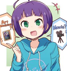 Rule 34 | +++, 1girl, :d, ahoge, araki rena, blue hoodie, blush, collarbone, drawstring, english text, green background, green eyes, guriin, hand up, highres, hood, hood down, hoodie, long sleeves, looking at viewer, open mouth, purple hair, short hair, smile, solo, spoken object, tokyo 7th sisters, two-tone background, v-shaped eyebrows, white background