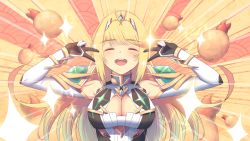 Rule 34 | 1girl, bare shoulders, blonde hair, breasts, cat with a brush, chest jewel, cleavage, cleavage cutout, clothing cutout, dress, earrings, elbow gloves, gloves, jewelry, large breasts, long hair, mythra (xenoblade), short dress, solo, swept bangs, tiara, very long hair, white dress, white gloves, xenoblade chronicles (series), xenoblade chronicles 2