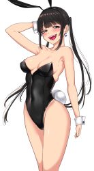 Rule 34 | 1girl, absurdres, animal ears, arm behind head, arm up, armpits, black hair, black leotard, blunt bangs, blush, bouhatei (t-back), breasts, collarbone, commentary request, covered navel, earrings, fake animal ears, fake tail, hairband, happy, highleg, highleg leotard, highres, jewelry, leotard, long hair, medium breasts, mole, mole under eye, open mouth, original, playboy bunny, purple eyes, rabbit ears, rabbit tail, simple background, solo, standing, tail, thighs, twintails, white background, wrist cuffs
