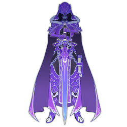 Rule 34 | 1girl, armor, body armor, cape, dress, full armor, full body, gauntlets, gloves, helmet, highres, hip armor, holding, holding sword, holding weapon, king, knight, looking at viewer, ohgercalibur, ohsama sentai king-ohger, papillon ohger, purple armor, purple eyes, solo, super sentai, sword, tokusatsu, tongzhen ganfan, weapon, white background