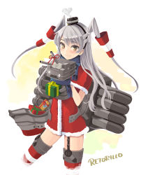 Rule 34 | 10s, 1girl, amatsukaze (kancolle), artist name, bad id, bad pixiv id, blush, christmas, dress, garter straps, gift, hair ornament, hair tubes, headgear, highres, kantai collection, long hair, looking at viewer, rensouhou-kun, retorillo, santa costume, scarf, short dress, silver hair, simple background, smile, solo, striped clothes, striped thighhighs, thighhighs, two side up