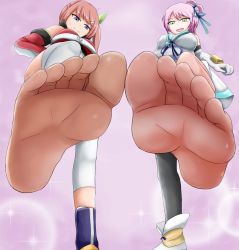 Rule 34 | 2girls, barefoot, black legwear, elbow gloves, feet, foot focus, from below, gloves, green hair, hair ornament, hairclip, highres, jewelry, kanonno earhart, leg lift, long hair, looking at viewer, looking down, multiple girls, necklace, pink hair, pov, purple eyes, sara (tales), shoes, unworn shoes, short hair, smile, soles, standing, standing on one leg, tales of (series), tales of link, tales of the world radiant mythology 2, toes, white legwear