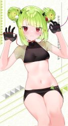 Rule 34 | 1girl, :3, bare legs, black gloves, black panties, black skirt, blush, breasts, closed mouth, commentary, crop top, delutaya, demon horns, double bun, eyes visible through hair, feet out of frame, gloves, green hair, groin, hair bun, hair ornament, hands up, highres, holding, horns, hoshi usagi, indie virtual youtuber, looking at viewer, microskirt, midriff, navel, panties, red eyes, short hair, short sleeves, skirt, small breasts, solo, stomach, thread, underboob, underwear, virtual youtuber