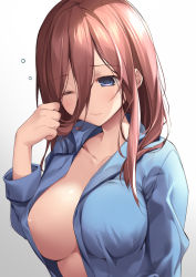 Rule 34 | 1girl, absurdres, blue eyes, blue shirt, breasts, brown hair, cleavage, closed mouth, collarbone, go-toubun no hanayome, hair between eyes, highres, karory, large breasts, long hair, nakano miku, naked shirt, one eye closed, open clothes, open shirt, shirt, simple background, solo, upper body, white background