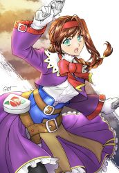 Rule 34 | 1girl, belt, bow, braid, breasts, brown hair, coat, dress, dual wielding, gloves, gun, hairband, highres, holding, long hair, looking at viewer, open mouth, pantyhose, purple dress, red hairband, solo, virginia maxwell, weapon, wild arms, wild arms 3