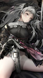 Rule 34 | 1girl, absurdres, arknights, bag, black gloves, black jacket, black skirt, blush, breasts, chain, covering privates, covering crotch, earrings, gloves, grey eyes, head wings, highres, irene (arknights), jacket, jewelry, lifted by self, long hair, long sleeves, looking at viewer, lying, medium breasts, miniskirt, multicolored clothes, multicolored skirt, no pants, nopetroto, on back, pantyhose, parted lips, planted, planted sword, planted weapon, purple skirt, scar, scar across eye, scar on face, shoulder bag, silver hair, skirt, solo, spread legs, sword, very long hair, weapon, white pantyhose, white skirt, wings