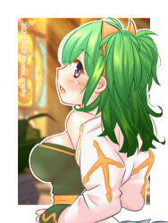 Rule 34 | 1girl, alternate color, arch bishop (ragnarok online), blurry, blurry background, blush, border, breasts, commentary request, dated, dress, green dress, green hair, large breasts, long hair, long sleeves, looking at viewer, looking back, open mouth, outline, outside border, purple eyes, ragnarok masters, ragnarok online, sash, skindentation, solo, stained glass, tomo-graphy, two-tone dress, two side up, upper body, white border, white dress, white outline, yellow sash