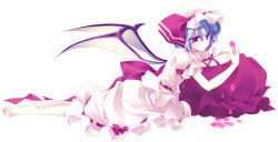 1girl barefoot blue_hair dress feet female_focus full_body hat mitsuki_(artist) motomiya_mitsuki red_eyes remilia_scarlet short_hair solo touhou white_background wings