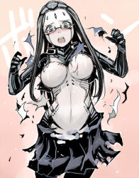 Rule 34 | 1girl, black hair, blame!, blame gakuen!, blush, breasts, exploding clothes, glasses, large breasts, long hair, monochrome, open mouth, pale skin, pcell, grey eyes, skirt, solo, surprised, torn clothes, tsuda nanafushi