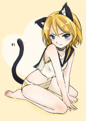 Rule 34 | 1girl, angry, animal ears, bad id, bad pixiv id, barefoot, blonde hair, blue eyes, cat ears, cat tail, fang, kagamine rin, kemonomimi mode, looking at viewer, natsu (natume0504), navel, no pants, panties, short hair, solo, striped clothes, striped panties, tail, underwear, vocaloid