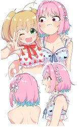 Rule 34 | 2girls, @ @, ahoge, bikini, blonde hair, blush, braid, closed mouth, collarbone, earrings, frilled bikini, frills, from side, green eyes, hair intakes, halterneck, hand on another&#039;s shoulder, heart, heart earrings, highres, idolmaster, idolmaster cinderella girls, idolmaster cinderella girls starlight stage, jewelry, kamo (kamonabe 44), looking at another, looking at viewer, multiple girls, multiple views, one eye closed, open mouth, pink eyes, pink hair, sato shin, short hair, short twintails, smile, swimsuit, teeth, twintails, upper teeth only, v, wavy mouth, yumemi riamu