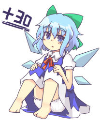 Rule 34 | 1girl, barefoot, bloomers, blue eyes, blue hair, blush, bow, cirno, collared shirt, dress, eyebrows, full body, hair bow, ice, ice wings, kibisake, legs, looking at viewer, matching hair/eyes, open mouth, s katsuo, shirt, short hair, simple background, sitting, solo, thick eyebrows, touhou, underwear, upskirt, white background, wings