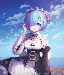 Rule 34 | 1girl, adjusting hair, apron, arm at side, black dress, blue eyes, blue hair, blue sky, blurry, blurry background, blush, breasts, cleavage, cloud, cloudy sky, commentary, dated commentary, detached sleeves, dress, flower knot, frilled dress, frilled sleeves, frills, hair ornament, hair over one eye, hair ribbon, hand up, horizon, juliet sleeves, long sleeves, looking at viewer, lunaticmed, maid, maid headdress, medium breasts, neck ribbon, open mouth, petals, pink ribbon, puffy sleeves, re:zero kara hajimeru isekai seikatsu, rem (re:zero), ribbon, short hair, sky, smile, solo, waist apron, water, white apron, x hair ornament