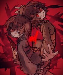 Rule 34 | 2others, artist request, blue sweater, brown hair, chara (undertale), frisk (undertale), green sweater, heart, holding, holding knife, kitchen knife, knife, multiple others, non-web source, one eye closed, red background, red eyes, smile, sweater, undertale