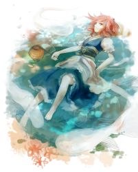 Rule 34 | 1girl, coin, female focus, flower, ghost, hair bobbles, hair ornament, lantern, onozuka komachi, red eyes, red hair, short hair, short sleeves, skirt, smile, solo, touhou, twintails, two side up, unagi77, water