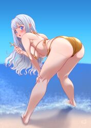 Rule 34 | 1girl, absurdres, ass, barefoot, beach, bent over, bikini, blue eyes, blue sky, breasts, cloud, cross, day, gold bikini, grey hair, highres, horizon, large breasts, leaning forward, long hair, looking at viewer, looking back, ocean, outdoors, silvia sugarless, sky, solo, standing, suika blue, swimsuit, tama project, virtual youtuber