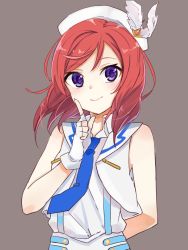 Rule 34 | 10s, 1girl, arm behind back, bare shoulders, fingerless gloves, gloves, hat, looking at viewer, love live!, love live! school idol project, necktie, nishikino maki, purple eyes, red hair, short hair, simple background, smile, solo, taiki (ozone), white gloves, wonderful rush