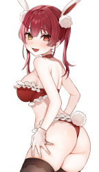 Rule 34 | 1girl, animal ears, ass, bare shoulders, blush, breasts, cleavage, fang, heterochromia, highres, hololive, houshou marine, large breasts, long hair, looking at viewer, omaru (0marufestival), open mouth, rabbit ears, rabbit tail, red eyes, red hair, simple background, smile, tail, thighhighs, thighs, twintails, virtual youtuber, white background, yellow eyes
