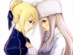 Rule 34 | 2girls, ahoge, artoria pendragon (all), artoria pendragon (fate), bad id, bad pixiv id, blonde hair, dress, eye contact, face-to-face, fate/zero, fate (series), forehead-to-forehead, fur hat, green eyes, hair ribbon, hat, heads together, highres, irisviel von einzbern, long hair, looking at another, multiple girls, profile, puffy sleeves, red eyes, ribbon, ririko deluxe, saber (fate), white hair