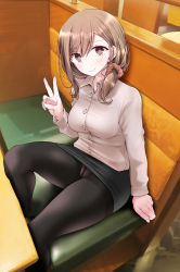 Rule 34 | 1girl, black skirt, blush, booth seating, breasts, brown eyes, brown hair, collared shirt, feet out of frame, hair ornament, hair over shoulder, hair scrunchie, hand up, highres, indoors, knee up, legs, long hair, long sleeves, looking at viewer, medium breasts, ol-chan (oouso), oouso, original, panties, panties under pantyhose, pantyhose, pencil skirt, scrunchie, shirt, sitting, skirt, smile, solo, swept bangs, thighs, underwear, v