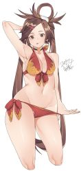 Rule 34 | 1girl, arm behind head, arm up, armpits, bare shoulders, bikini, breasts, brown eyes, brown hair, choker, cleavage, commentary request, guilty gear, hair ornament, hairclip, highres, kuma (jk0073), kuradoberi jam, long hair, looking at viewer, medium breasts, navel, pulled by self, red bikini, shiny skin, signature, simple background, stomach, swimsuit, thighs, tongue, tongue out, white background