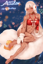 Rule 34 | 1girl, altera (fate), altera the santa (fate), bare legs, bare shoulders, barefoot, blush, breasts, chinese commentary, choker, christmas, collarbone, commentary request, covered erect nipples, dark-skinned female, dark skin, detached sleeves, earmuffs, fate/grand order, fate (series), highres, laserflip, looking at viewer, medium breasts, merry christmas, mittens, muscular, muscular female, navel, no panties, parted lips, red eyes, sheep, shiny skin, short hair, signature, sitting, solo, tattoo, veil, white hair, white mittens