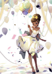 Rule 34 | 1950s (fashion), 1girl, balloon, bare shoulders, big hair, black footwear, blue eyes, bow, breasts, brown hair, commentary, commentary request, confetti, dark-skinned female, dark skin, dress, flats, full body, hair bow, highres, lips, mixed-language commentary, nachoz (nachozart), off-shoulder dress, off shoulder, original, pinup (style), ringlets, small breasts, smile, solo, standing, updo, very dark skin, white bow, white dress, yellow bow