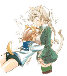 Rule 34 | 2girls, animal ears, ass, blonde hair, blush, braid, breast smother, breasts, brown hair, cat ears, cat tail, dog ears, dog tail, hug, long hair, lynette bishop, medium breasts, miyafuji yoshika, multiple girls, open mouth, sanpachishiki (gyokusai-jima), school swimsuit, school uniform, short hair, single braid, strike witches, striped, sweatdrop, swimsuit, swimsuit under clothes, tail, thighhighs, translated, world witches series