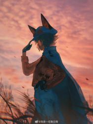Rule 34 | 1boy, black gloves, blue cape, blue eyes, blue pants, blurry, brown hair, cape, chunriqingqaq, cloud, cloudy sky, commentary, denim, depth of field, feet out of frame, finger to headwear, fox hat, from side, gloves, hand on own hip, hand up, highres, jacket, jeans, male focus, mysta rias, mysta rias (1st costume), nijisanji, nijisanji en, orange jacket, orange sky, outdoors, pants, round eyewear, sky, smile, solo, standing, sunglasses, symbol-only commentary, virtual youtuber, wheat, wheat field