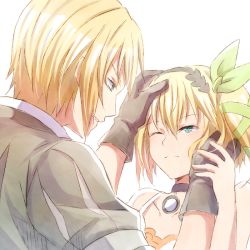 Rule 34 | 1boy, 1girl, ;(, aqua eyes, black choker, black gloves, black hairband, blonde hair, bow, brother and sister, choker, collarbone, edna (tales), eizen (tales), eye contact, gloves, green bow, green ribbon, hair bow, hair ribbon, hairband, half-closed eyes, hand on another&#039;s cheek, hand on another&#039;s face, hand on another&#039;s head, looking at another, mishiro (andante), parted lips, ribbon, short hair, short sleeves, siblings, side ponytail, tales of (series), tales of berseria, tales of zestiria