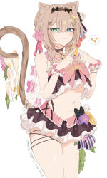 1girl absurdres ahoge animal_ears awe_(adorableduckyy) bare_shoulders bikini black_bikini black_hairband blue_eyes bow braid brown_hair cat_ears cat_girl cat_tail character_name closed_mouth commentary dated green_eyes hair_between_eyes hairband hands_up heterochromia highres honkai_(series) honkai_impact_3rd long_hair looking_at_viewer low_twintails navel pardofelis pardofelis_(midsummer_collector) pink_bow scrunchie simple_background smile solo swimsuit tail tail_raised twin_braids twintails white_background wrist_scrunchie