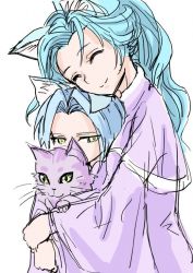 Rule 34 | 1boy, 1girl, alfador, animal ears, brother and sister, capelet, cat, cat ears, chrono trigger, commentary request, dress, expressionless, closed eyes, janus zeal, long hair, s-a-murai, schala zeal, short hair, siblings, smile