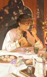 Rule 34 | 1girl, androgynous, aqua eyes, artist name, bead necklace, beads, black hair, bowl, braid, chinese clothes, circlet, cup, dated, dessert, dim sum, earrings, eating, fingernails, floral print, flower, food, hair over shoulder, hands up, highres, holding, holding spoon, indoors, jewelry, lamp, long hair, long sleeves, looking at viewer, motion blur, multiple rings, necklace, original, painting (object), petals, pov across table, purple flower, ring, solo, spoon, tangzhuang, tea, teapot, toggles, tray, tumeii, twin braids, twintails, upper body, vase, yellow flower, yunomi